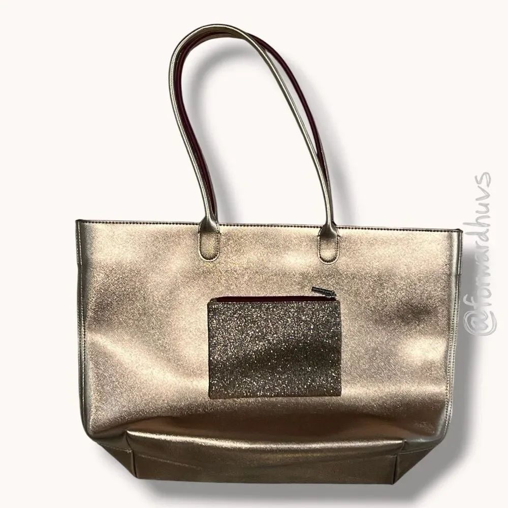 Bath & Body Works Metallic Pink Oversized Tote Bag w/ Glitter Pouch